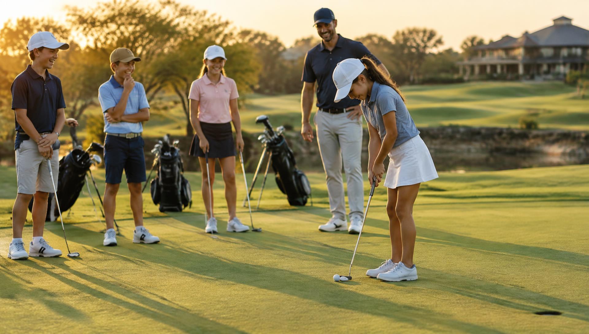 Junior golfers putting on the practice green with their coach